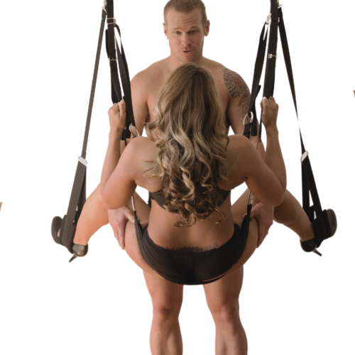 Swing missionary position by couple using the Screamer Dual Hook Sex Swing