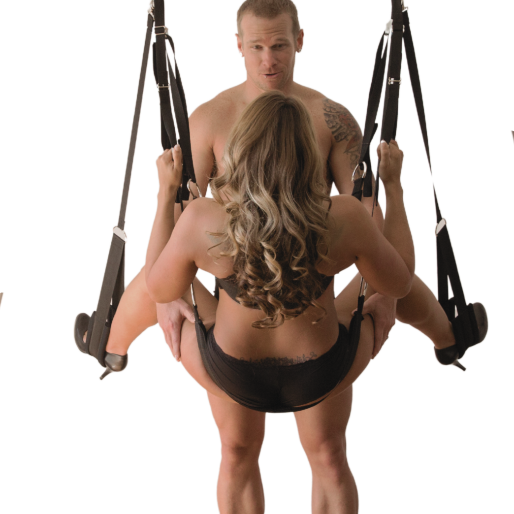 Swing missionary position by couple using the Screamer Dual Hook Sex Swing